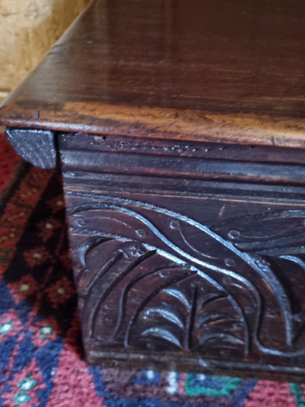 17TH C OAK BIBLE BOX WITH ORIGINAL CARVING  View IV