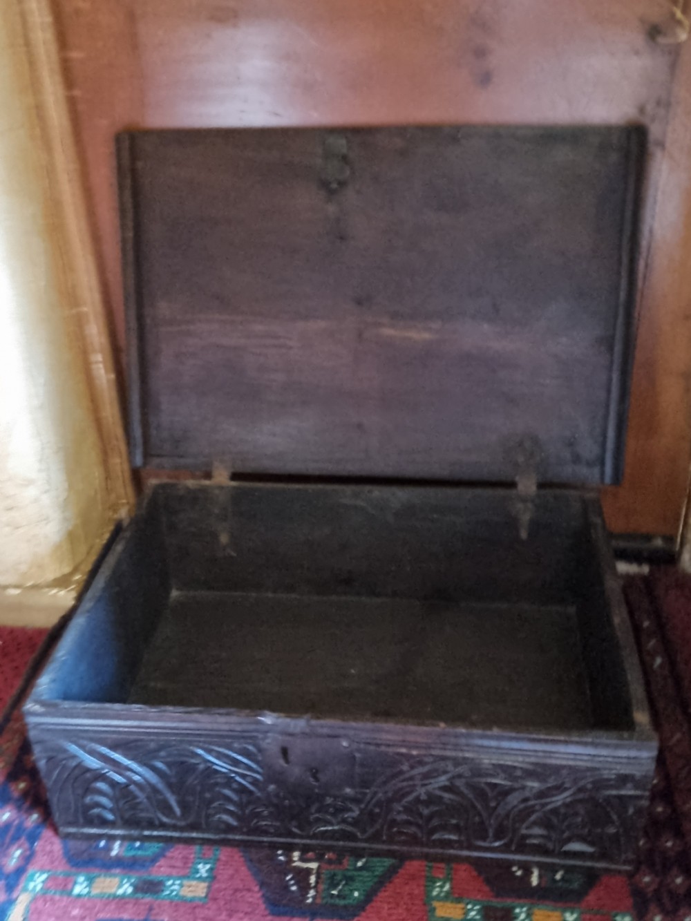 17TH C OAK BIBLE BOX WITH ORIGINAL CARVING  View V