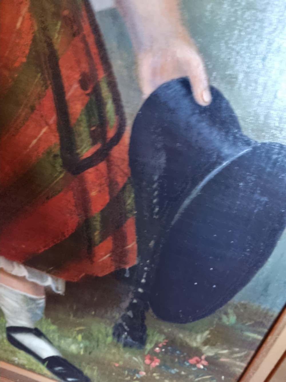 A 19th-century naive oil painting on canvas depicting a standing child in a red and dark blue striped dress with a dog, displayed within a gilded frame. View IV