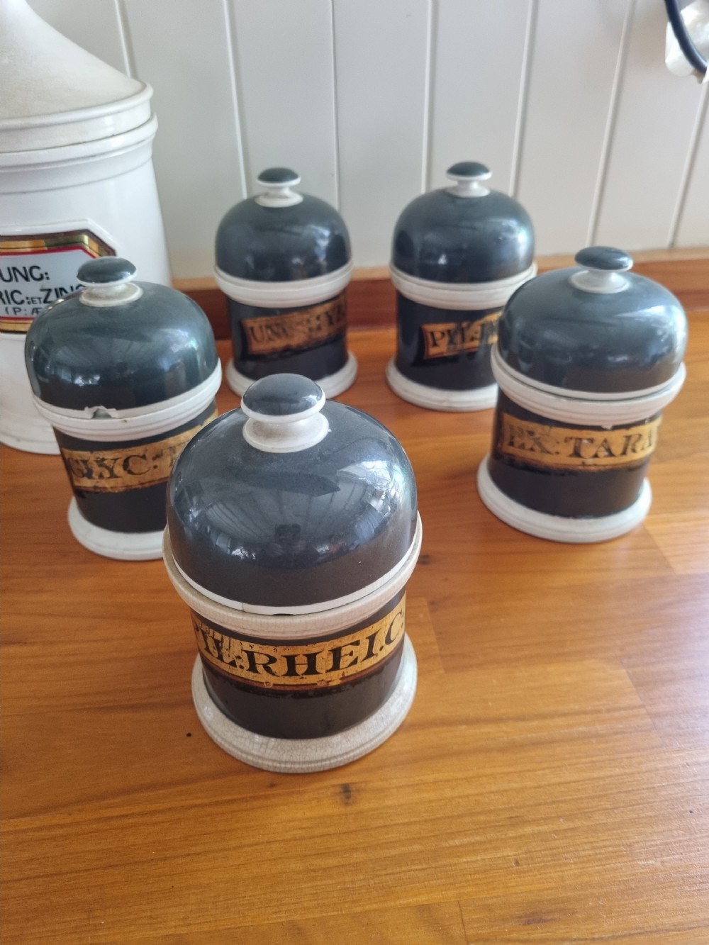 5 19TH CERAMIC LABELLED CHEMIST JARS