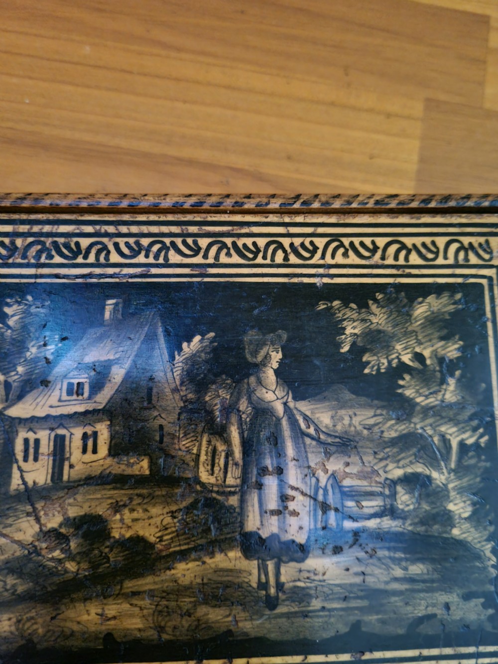 SCARCE L18THC PENWORK CASKET WITH HANDLE View II