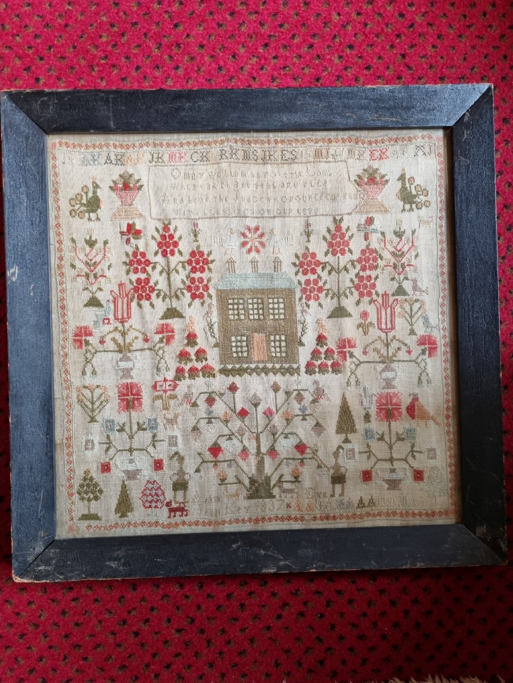 RARE DATED 1837 SAMPLER FEATURING A HOUSE