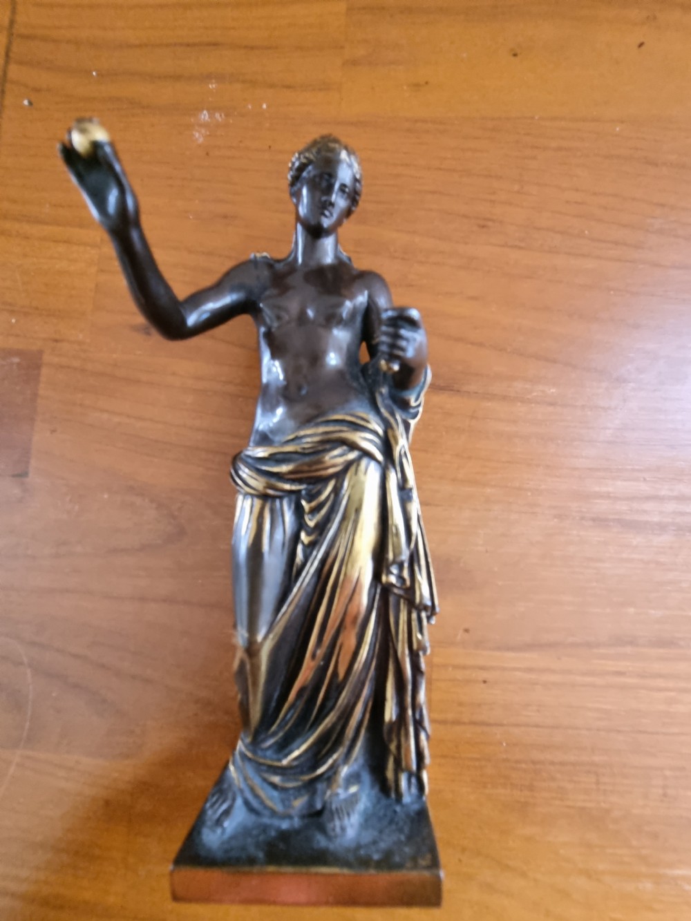 A nineteenth-century dark patinated bronze figure of Venus with draped parcel-gilded robes holding a small sphere on a rectangular base. View VII
