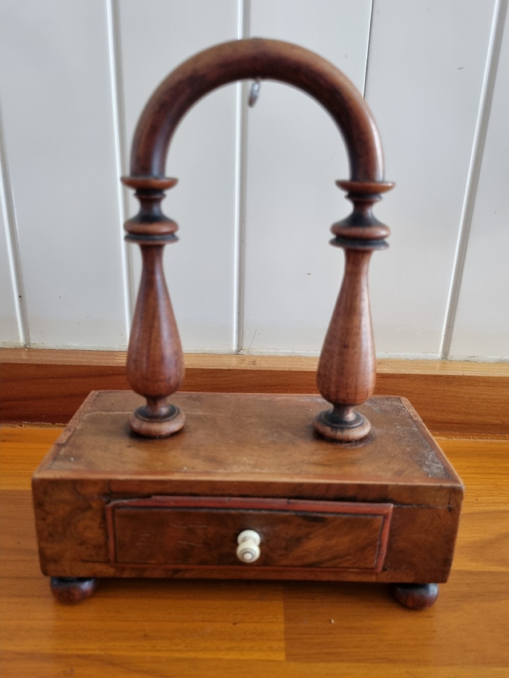 19THC TREEN WATCH HOLDER WITH DRAWER