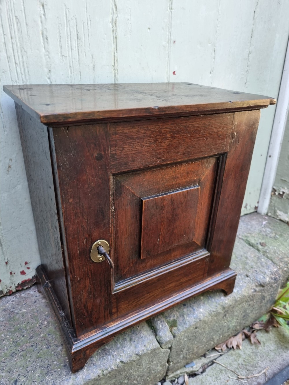An 18th-century dark oak spice cupboard featuring a single door with a fielded raised panel and a brass oval escutcheon. View III