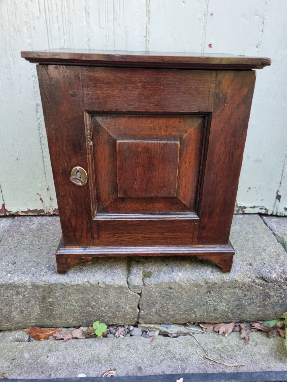 An 18th-century dark oak spice cupboard featuring a single door with a fielded raised panel and a brass oval escutcheon. View VI