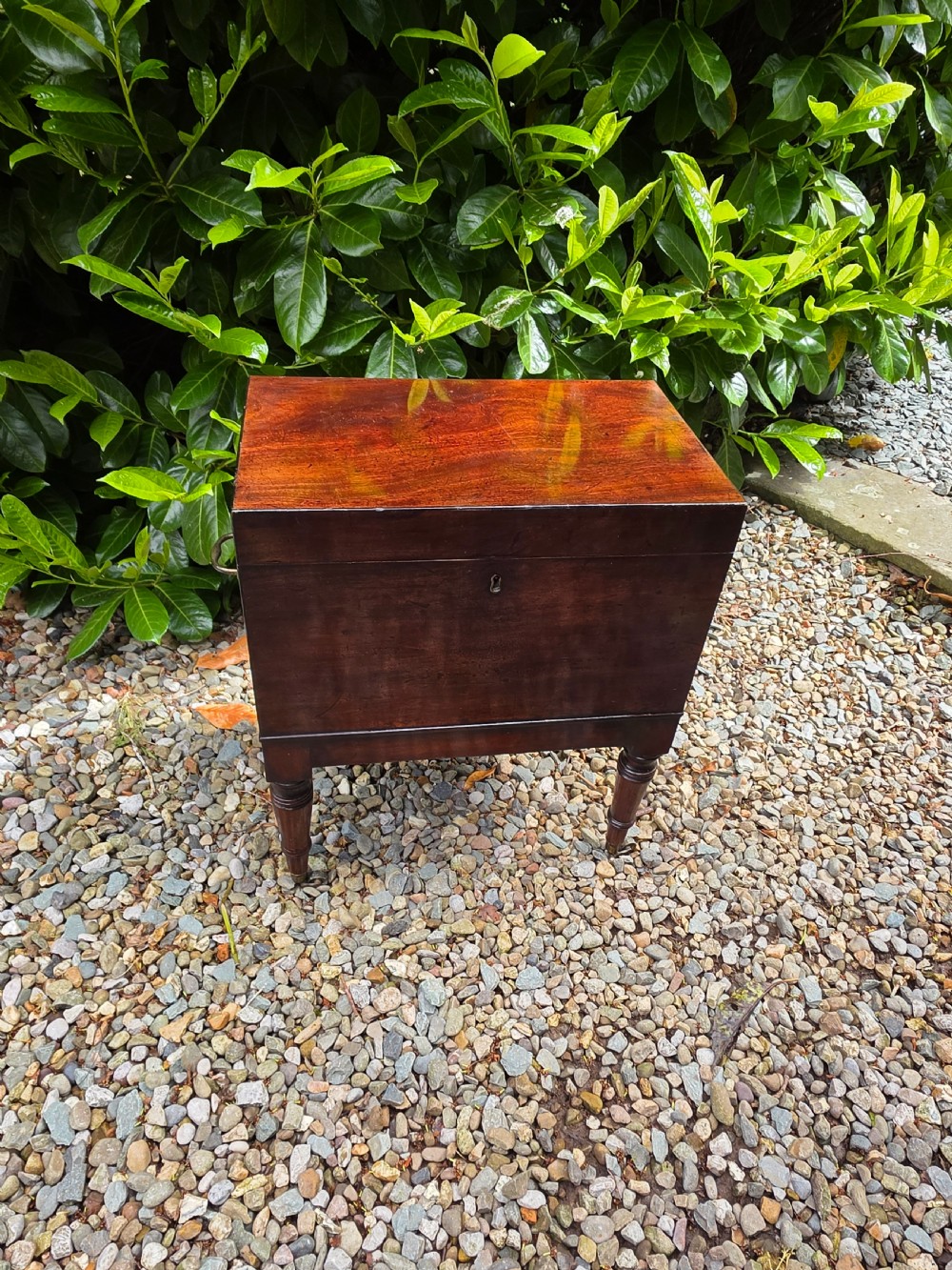 A dark Georgian mahogany cellaret chest featuring a flat hinged lid, central brass keyhole escutcheon, side carrying handles, and four turned legs.
