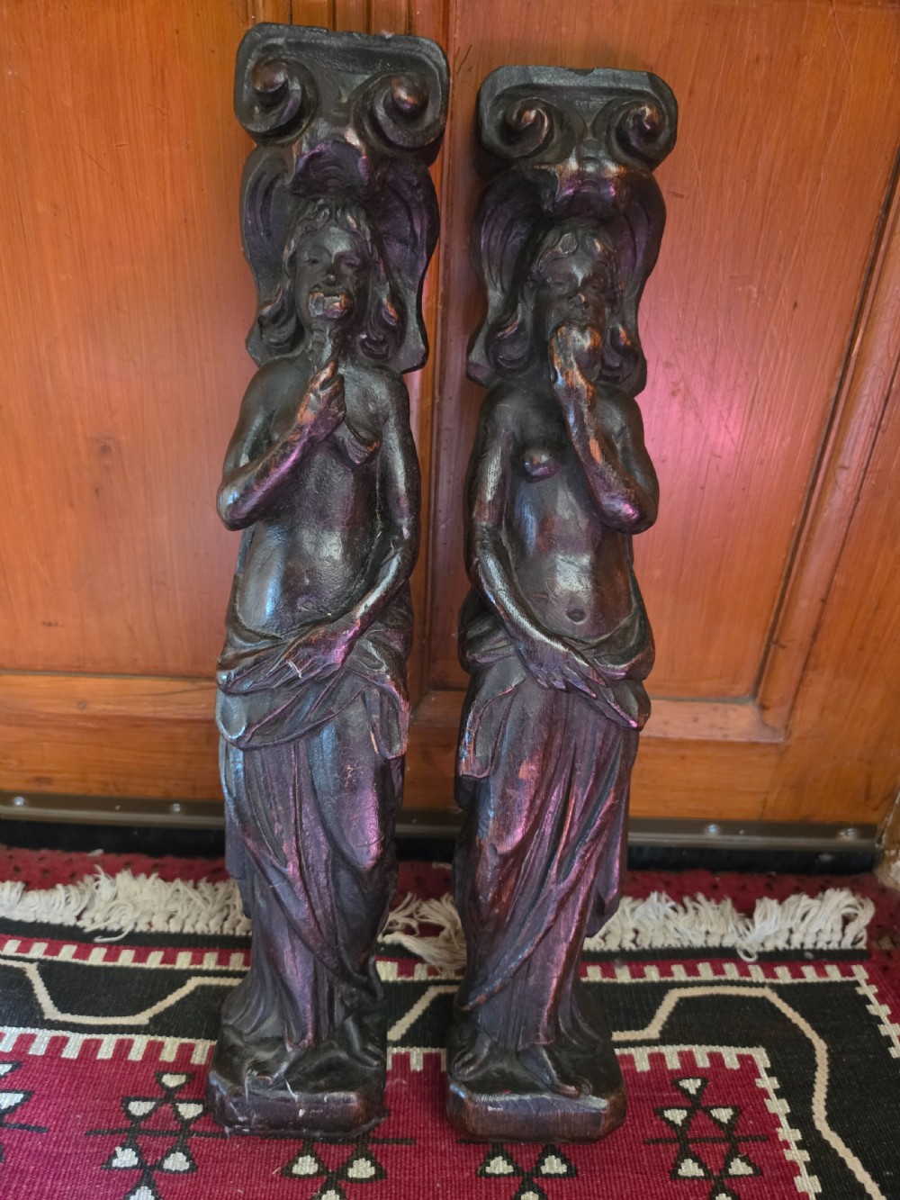 LARGE 55CMS H PAIR OF OAK CARYATIDS ADAM AND EVE 