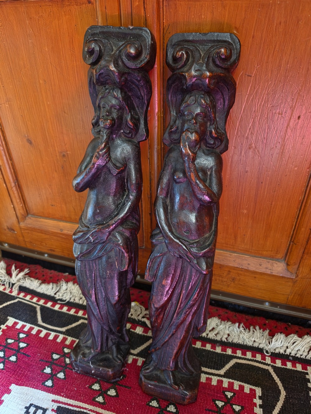 LARGE 55CMS H PAIR OF OAK CARYATIDS ADAM AND EVE  View II