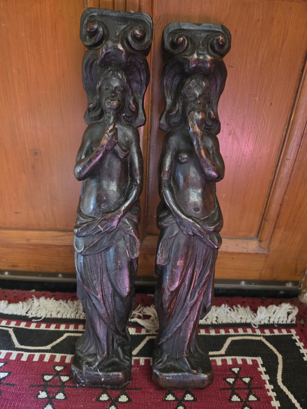 LARGE 55CMS H PAIR OF OAK CARYATIDS ADAM AND EVE  View V