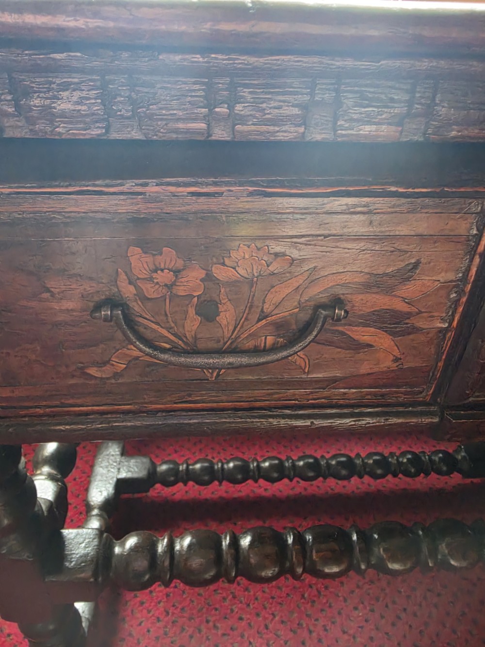 A 17th-century English oak side table featuring two inlaid drawers, turned legs, and lower stretchers. View II