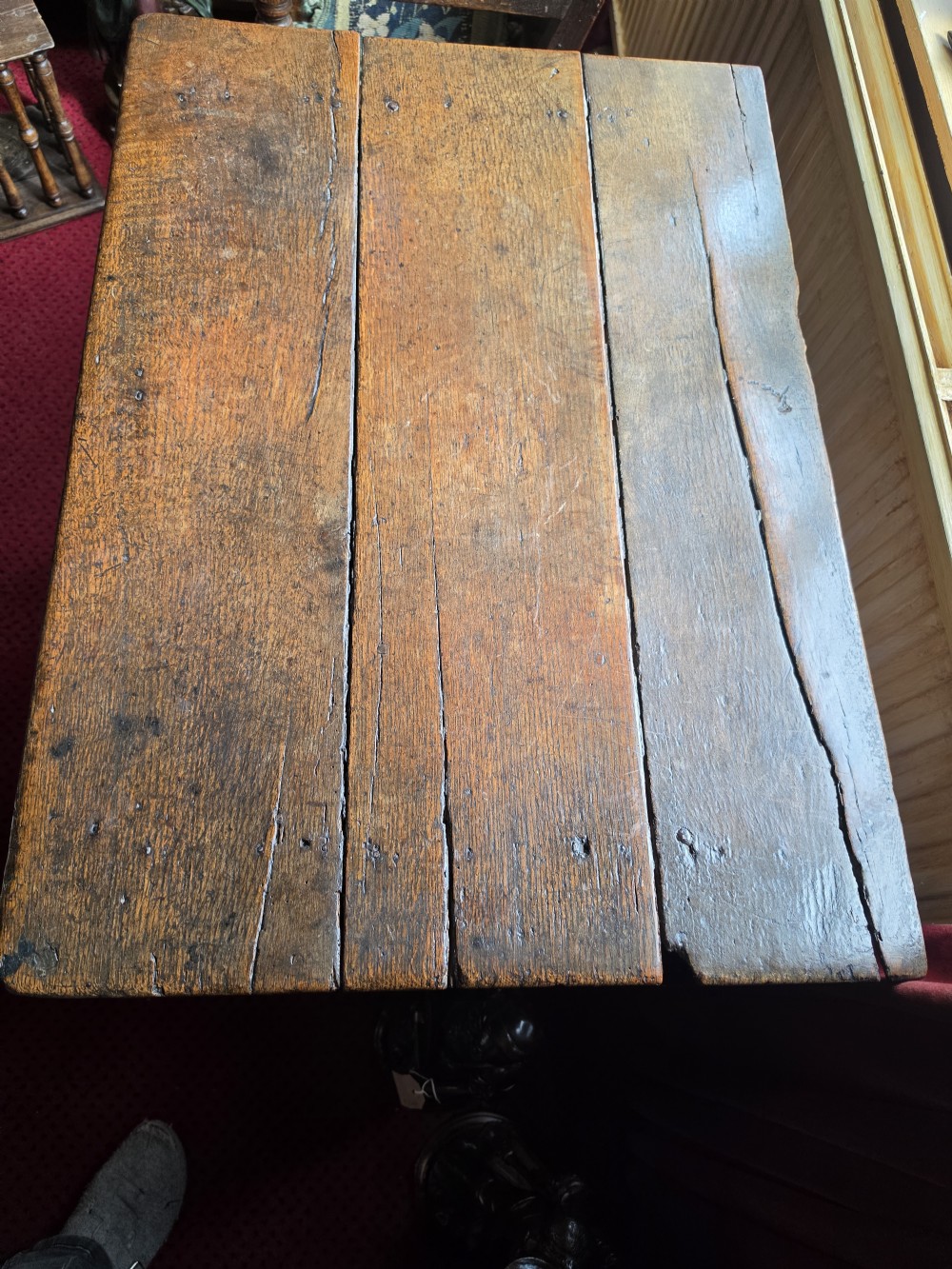 A 17th-century English oak side table featuring two inlaid drawers, turned legs, and lower stretchers. View VII