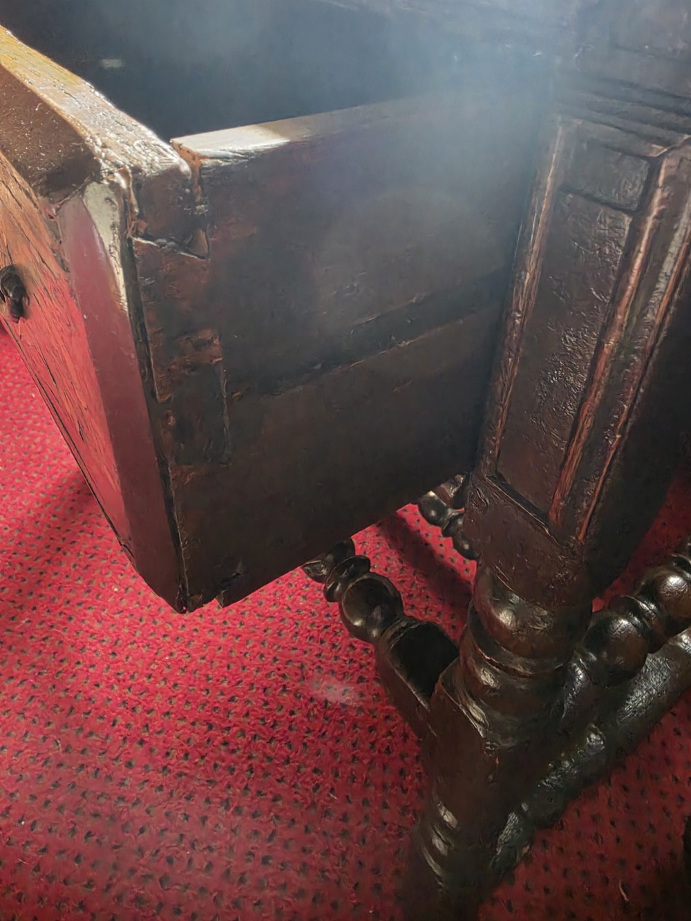 A 17th-century English oak side table featuring two inlaid drawers, turned legs, and lower stretchers. View IX