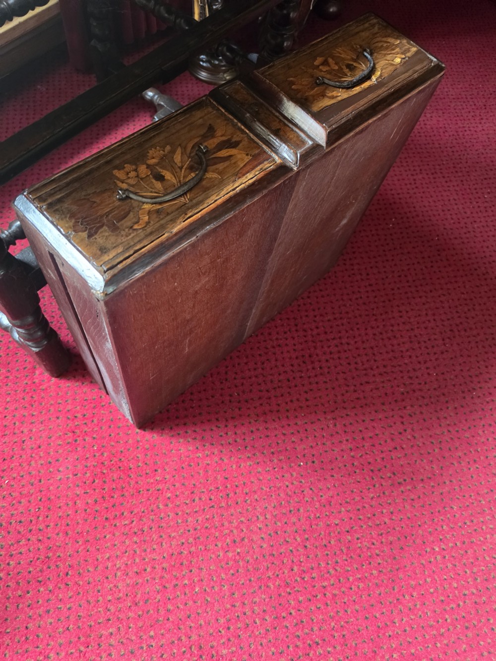 A 17th-century English oak side table featuring two inlaid drawers, turned legs, and lower stretchers. View XI