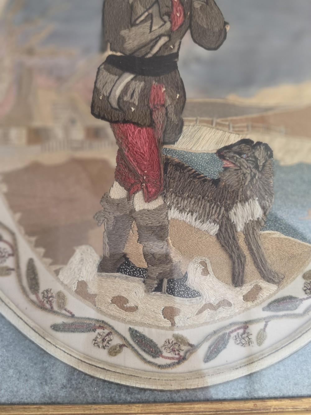 LARGE GEORGIAN WOOL AND SILKWORK PICTURE OF A WOODMAN AND DOG View II