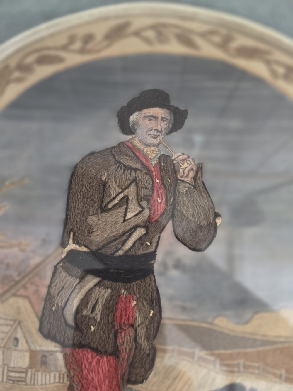 LARGE GEORGIAN WOOL AND SILKWORK PICTURE OF A WOODMAN AND DOG View III