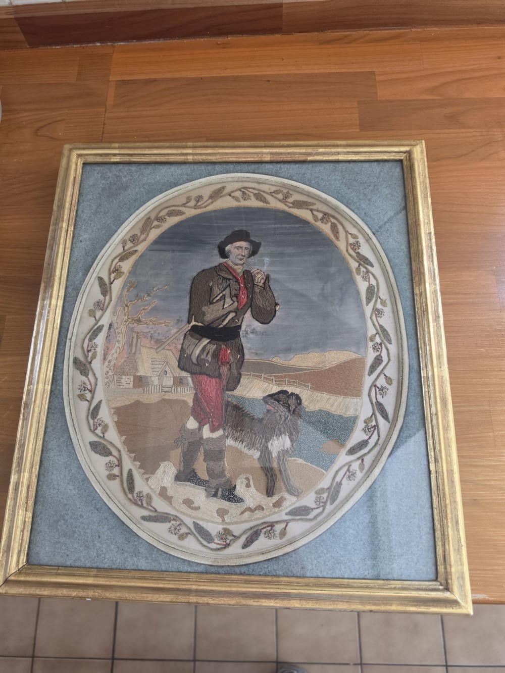 LARGE GEORGIAN WOOL AND SILKWORK PICTURE OF A WOODMAN AND DOG View IV