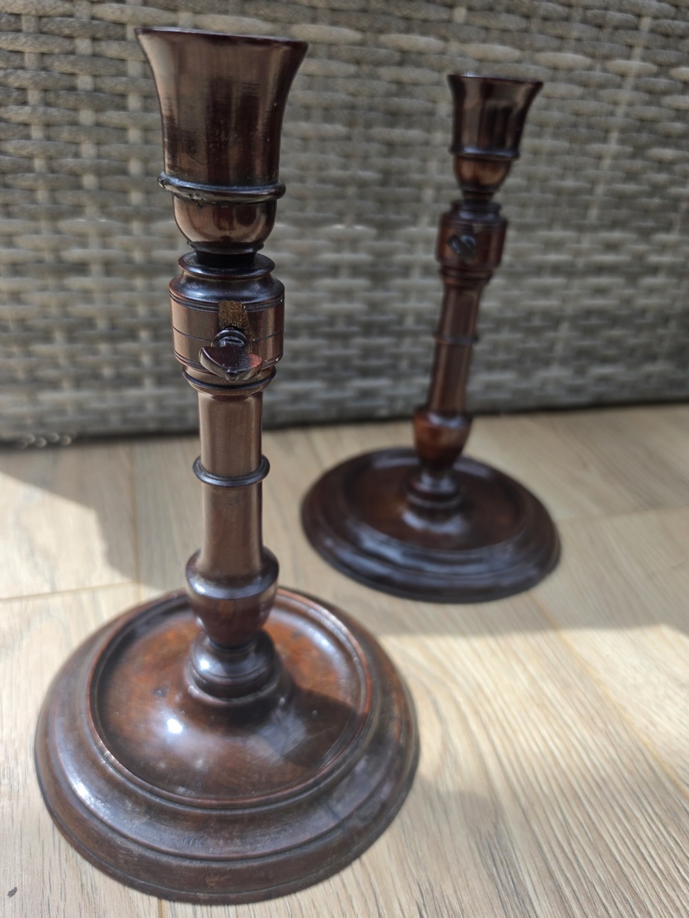 PAIR OF RARE GEORGIAN YEW WOOD ADJUSTABLE CANDLESTICKS View IV