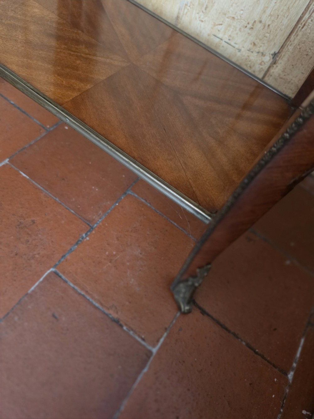A 19th-century French style marquetry inlaid side table featuring a pierced brass gallery rim, single drawer, lower tier shelf, and cabriole legs with brass mounts. View VIII
