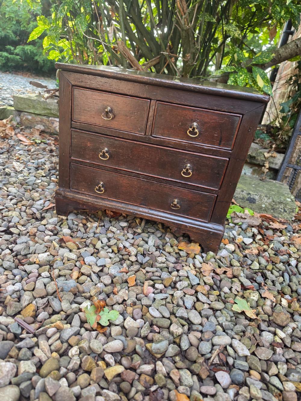 An 18th-century dark oak chest featuring two short drawers over two long drawers with brass drop handles, resting on bracket feet. View V
