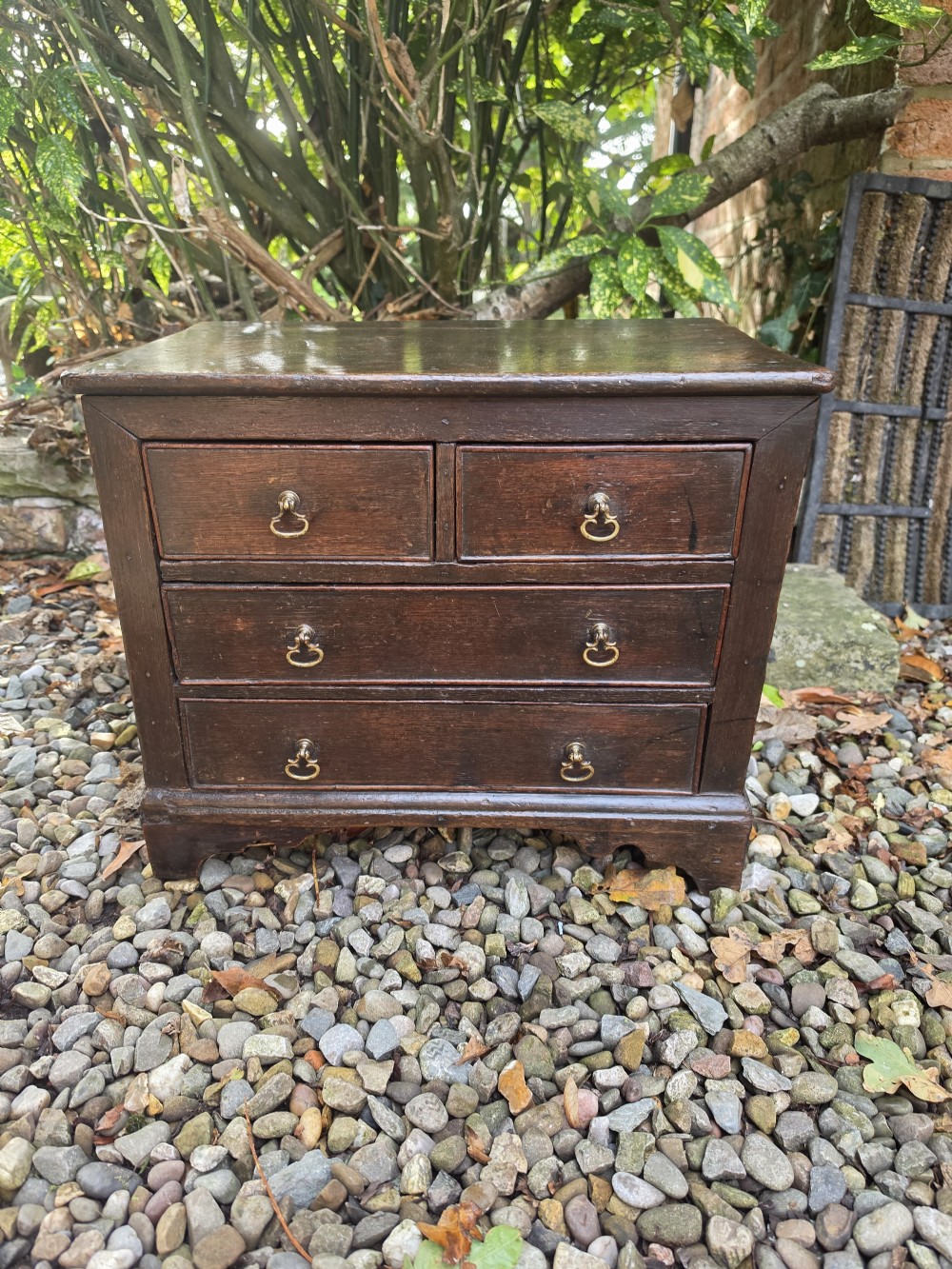 An 18th-century dark oak chest featuring two short drawers over two long drawers with brass drop handles, resting on bracket feet. View VII