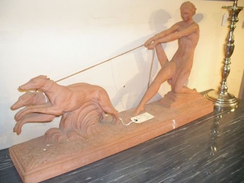 Art Deco Terracotta  Woman with 2 Dogs