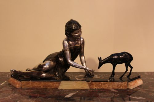 Art Deco Spelter Group of Girl and a Deer