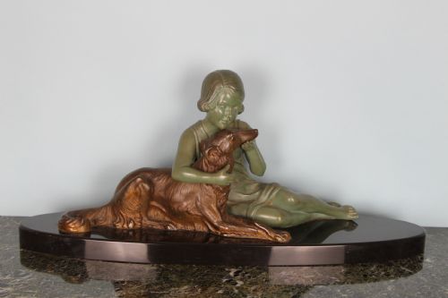Art Deco Spelter Figure a Girl and Her Dog