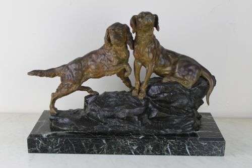 Spelter Group of 2 Hunting Dogs on Marble Base