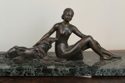 Art Deco Spelter Woman and Dog