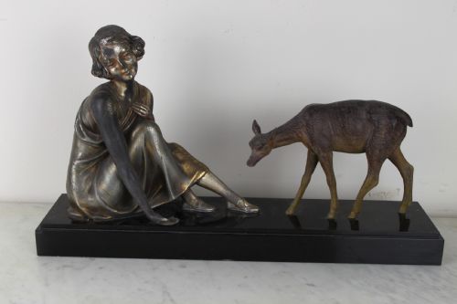 Art Deco Spelter Woman and a Fawn