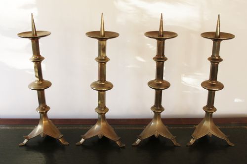 4 Gothic Style Brass Candlesticks