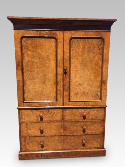 Linen Press. English. Burr Walnut. C 1870. Heal & Sons. London