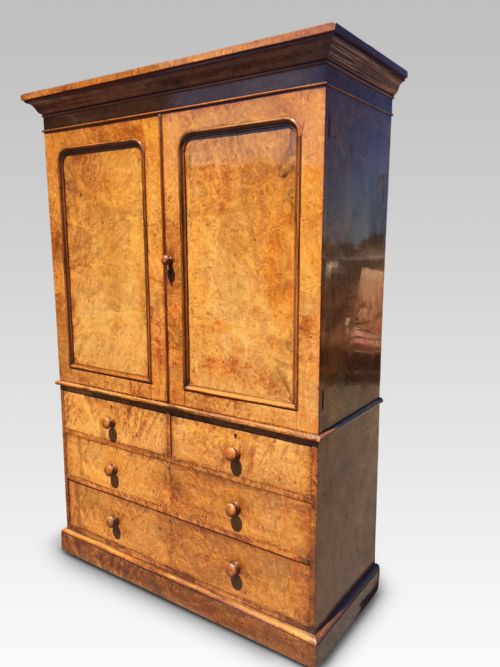 fig 1. LINEN PRESS. ENGLISH. Burr Walnut. C 1870. Heal & Sons. London