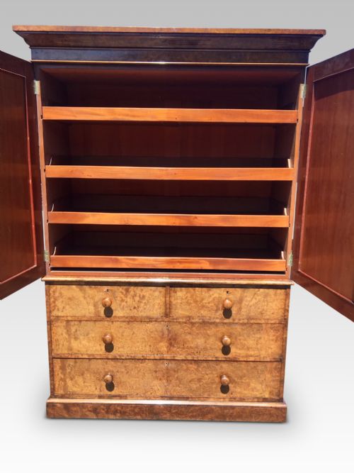 fig 2. LINEN PRESS. ENGLISH. Burr Walnut. C 1870. Heal & Sons. London