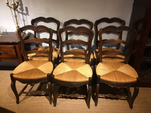 Set of 6 Oak and Rush Seated Chairs