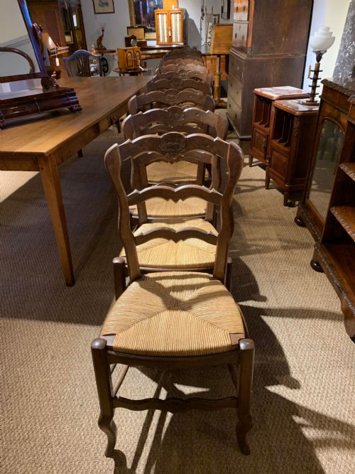 Set of 10 Rush Seated Oak Chairs