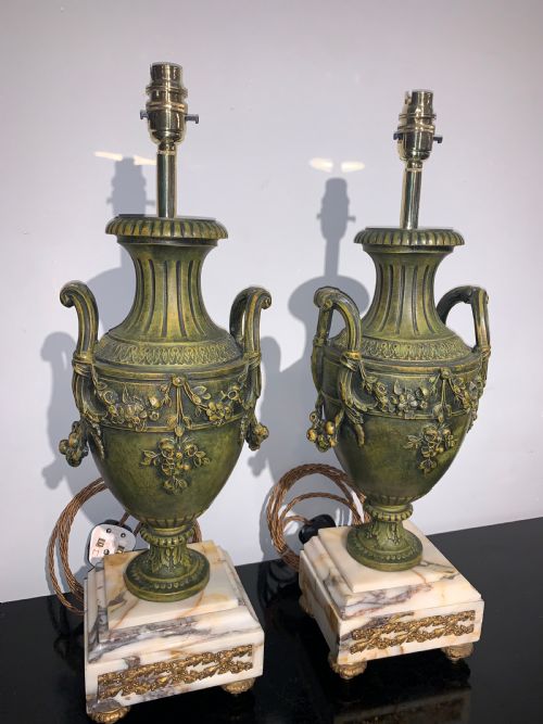 Pair of 19th Century Spelter and Marble Table Lamps