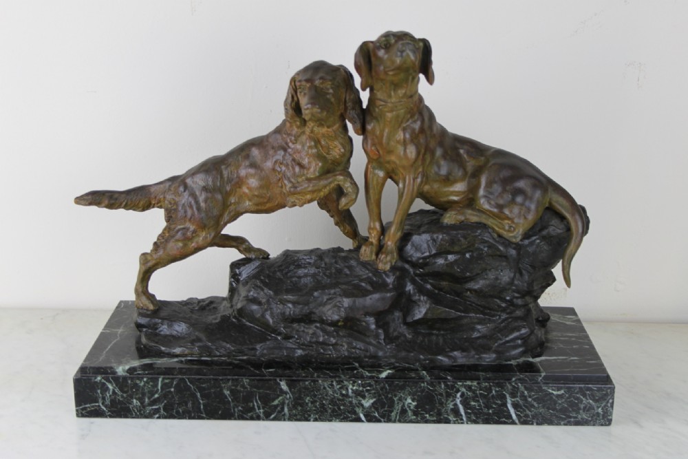 SPELTER GROUP OF 2 HUNTING DOGS ON MARBLE BASE 