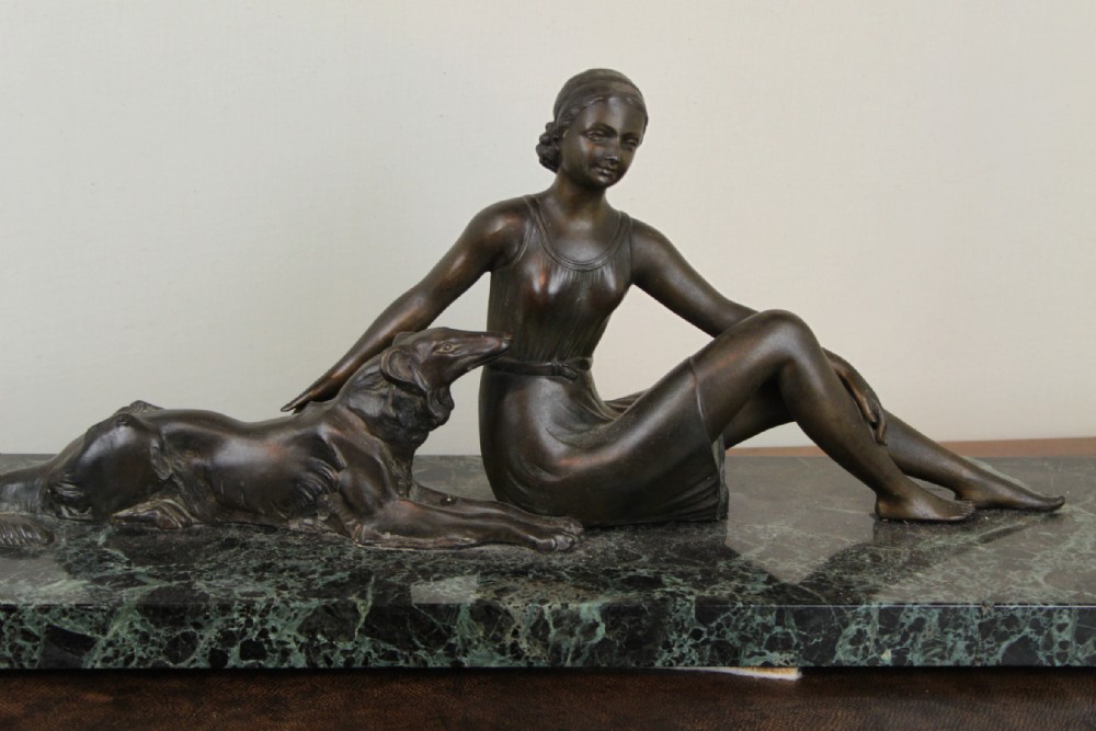 Art Deco spelter woman and dog 