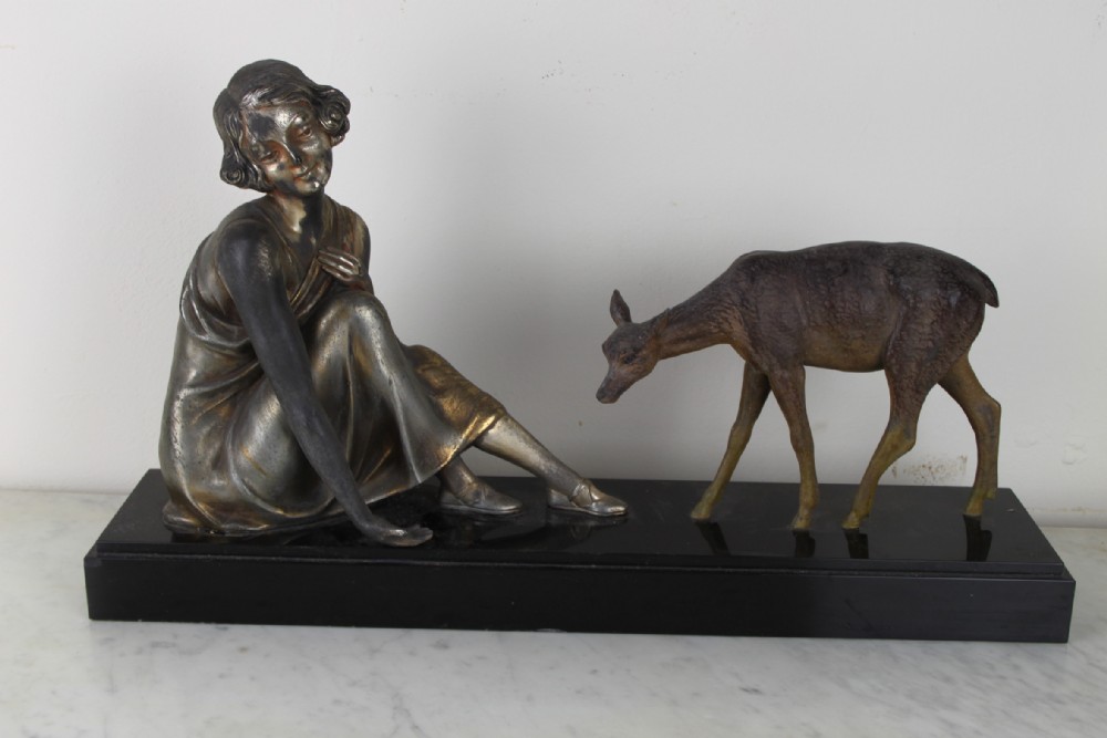 Art Deco spelter woman and a fawn 