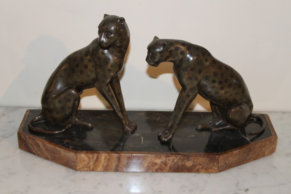 Art deco spelter group of 2 cheetahs 