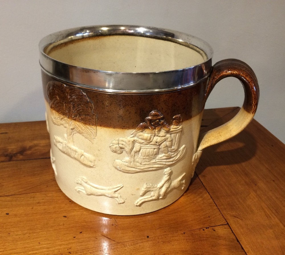 very LARGE silver mounted  STONEWARE HARVEST MUG