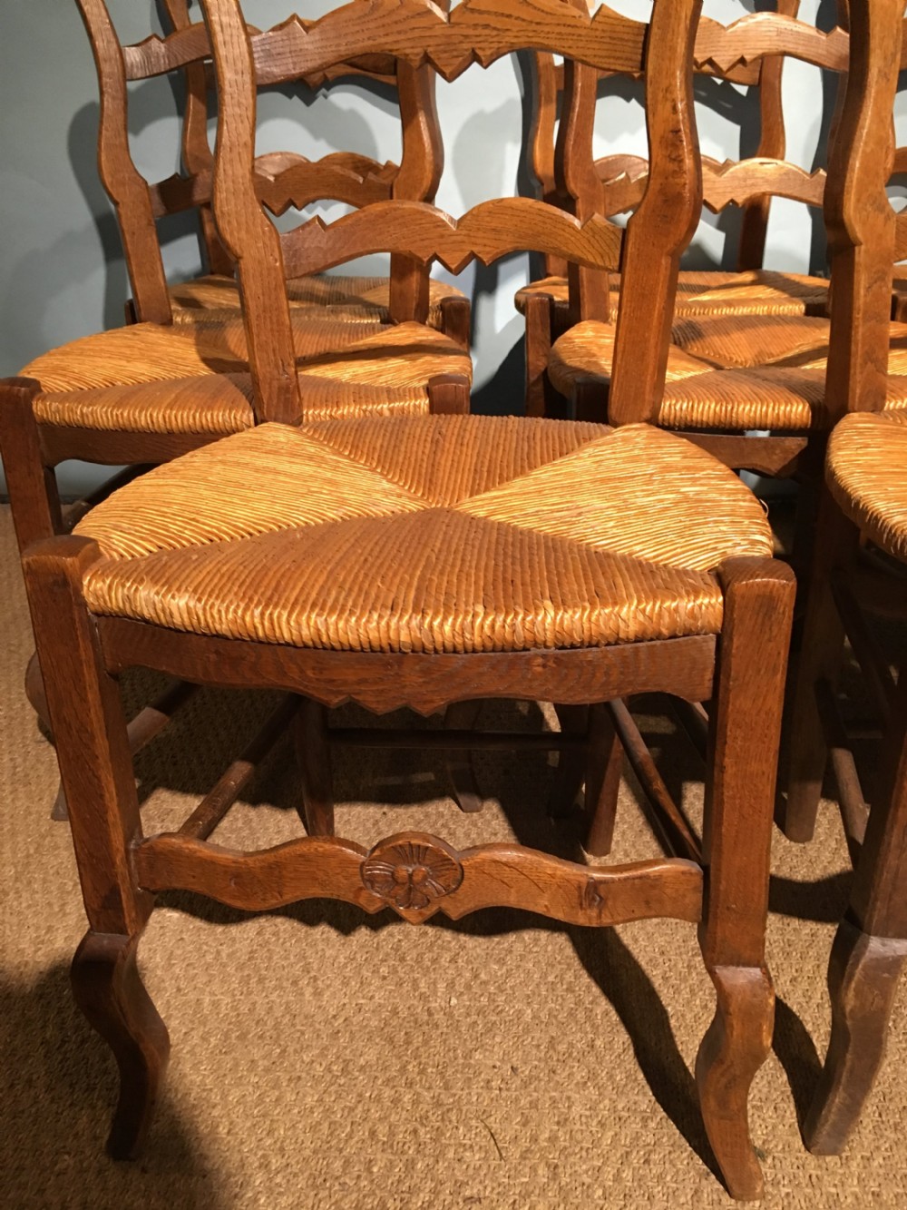 Set of 8 oak and rush seated chairs  View II
