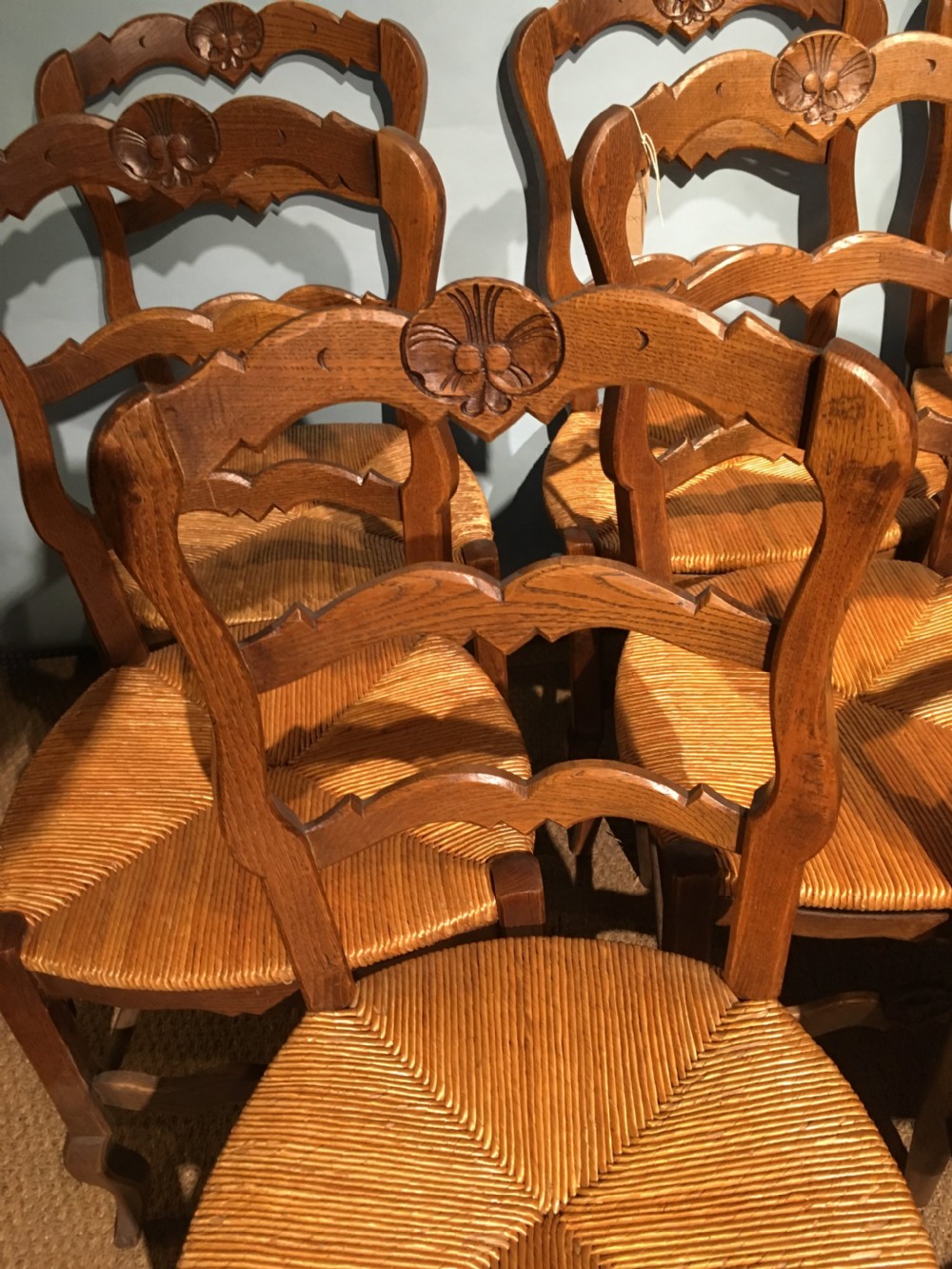 Set of 8 oak and rush seated chairs  View VI