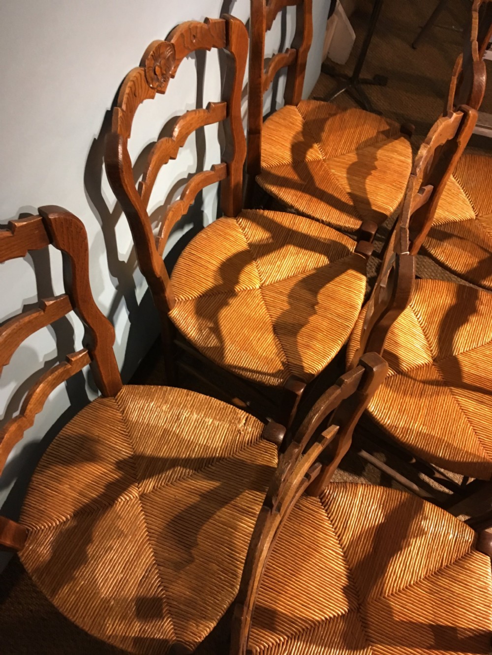 Set of 8 oak and rush seated chairs  View VIII