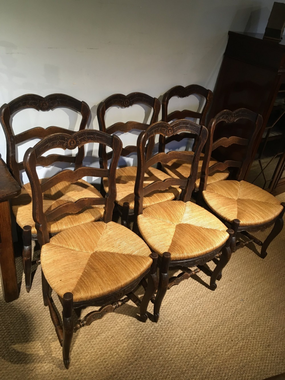 Set of 6 oak and rush seated chairs  View IV