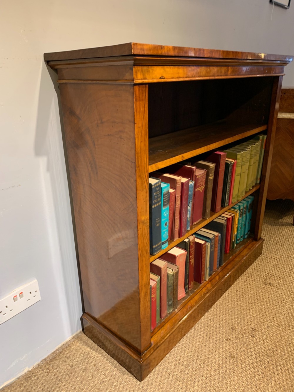 Victorian walnut open bookcase  View II