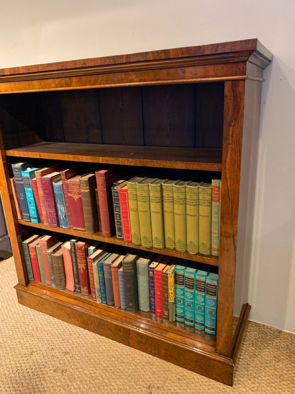 Victorian walnut open bookcase  View III