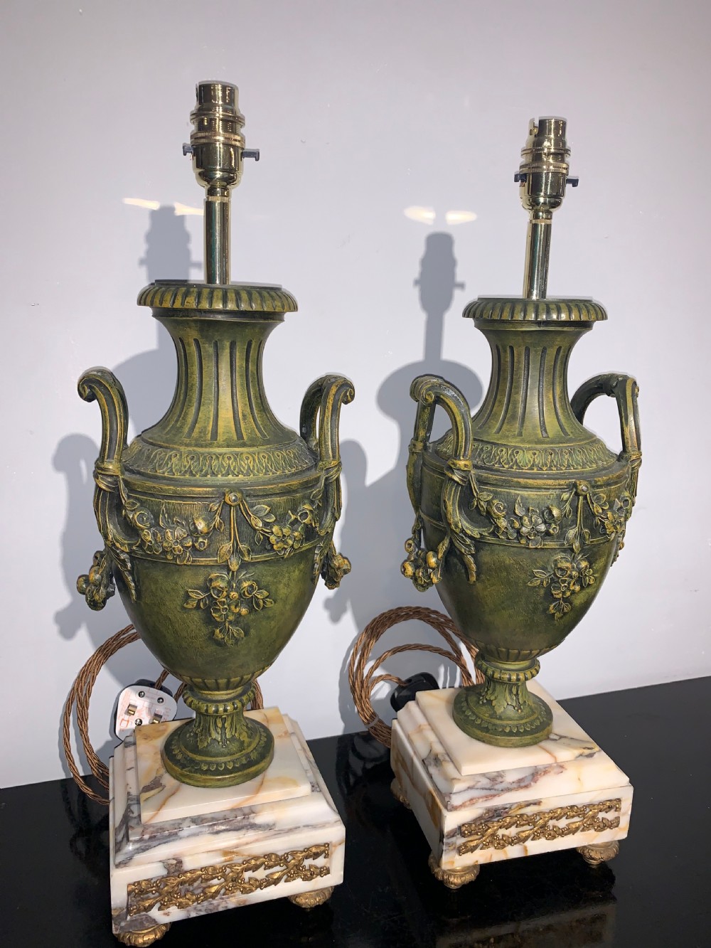 Pair of 19th century spelter and marble table lamps  